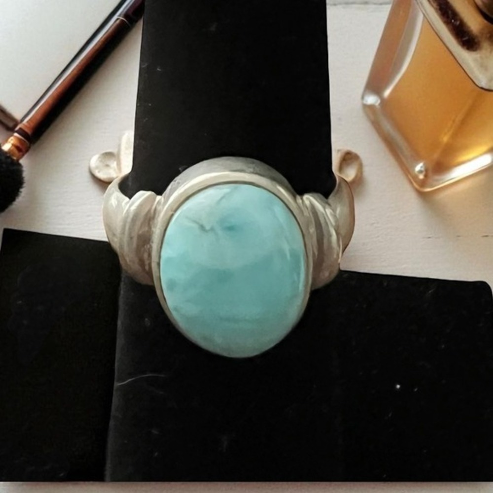 Sterling‎ Silver Larimar Ring Oval Cabochon Artisan Handmade 7.5